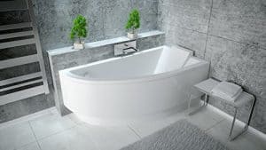 EXCLUSIVE LINE® Eckbadewanne Eck Acryl Badewanne Practic 150x70 cm Rechts mit Schürze + Viega Simplex Ablaufgarnitur